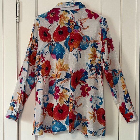 A La Carte button up blouse floral textured boho artsy asymmetric hem sz medium - Picture 2 of 6